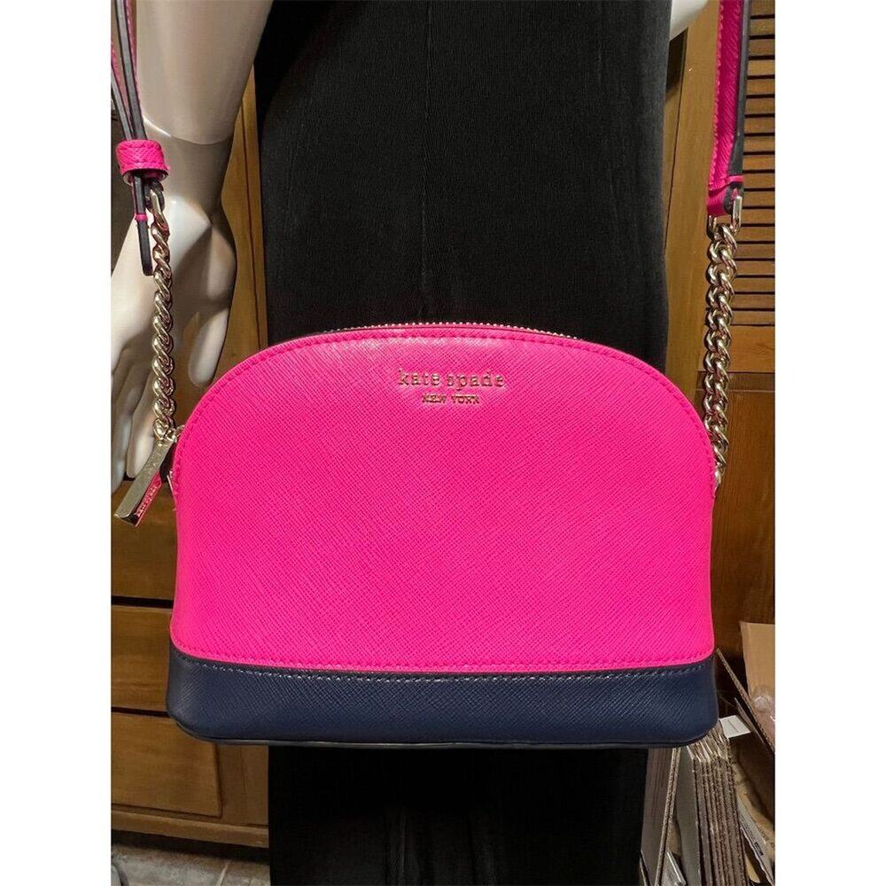 Kate Spade Piink Small Dome Crossbody Shocking Magenta Navy Saffiano Spencer - Picture 4 of 9